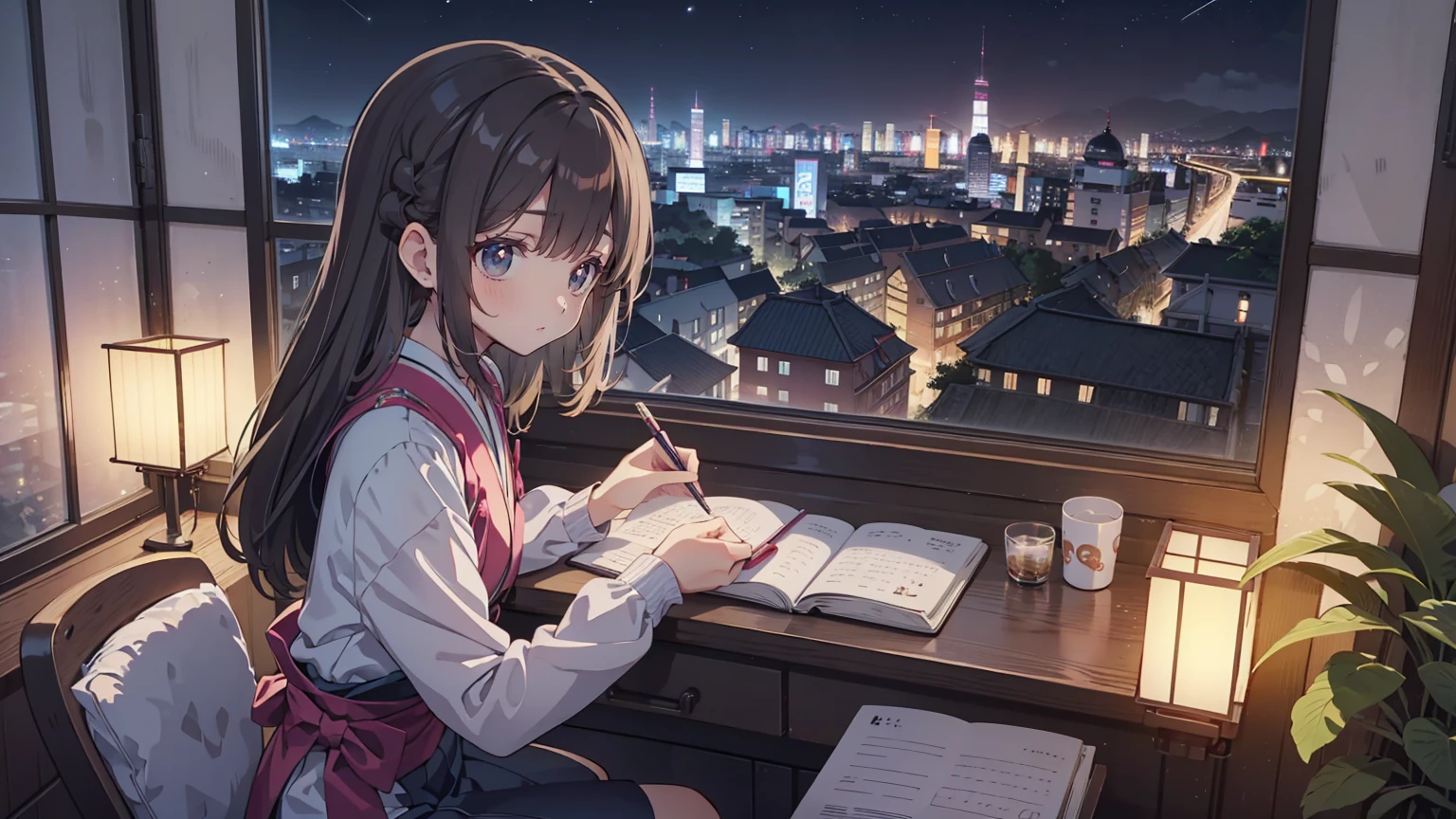 Beautiful Japanese woman writing in a diary in a window seat, the night city outside the window, landscape screen size