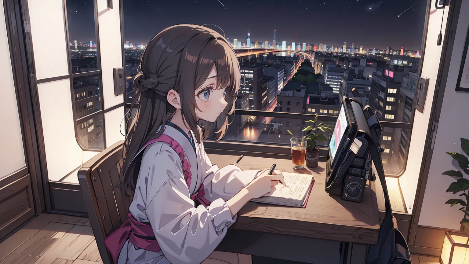 Beautiful Japanese  woman writing in a diary in a window seat, the night city outside the window, landscape screen size

