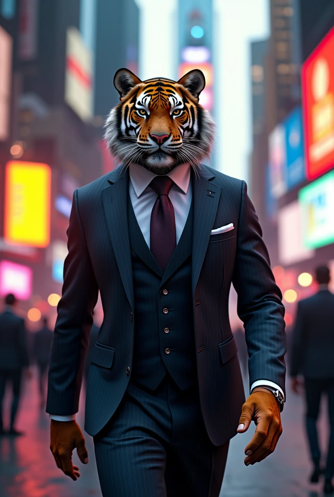 Tiger as a billionairein suit walking in times square with bodyguard in neon lights