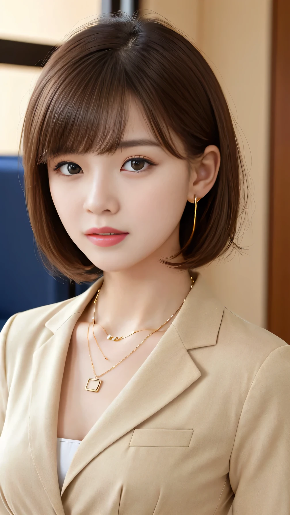 High resolution, Very detailed, Intricate details, 、ear piercing、Expressionless、short hair、Light brown hair、Please open your mouth a little、Clear beauty,(High quality fabric, Office Lady Suits 、Necklace around the neck、, The background is the office
