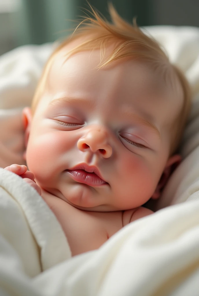 A proper and proportionate newborn nasal. Well-defined lips in cross-sections and coronas, mental region with normal dimensions and adequate mandibular ossification, apparently intact bony palate. Orbits with normal spherical shapes. The baby is lying in bed with eyes closed and has blond hair