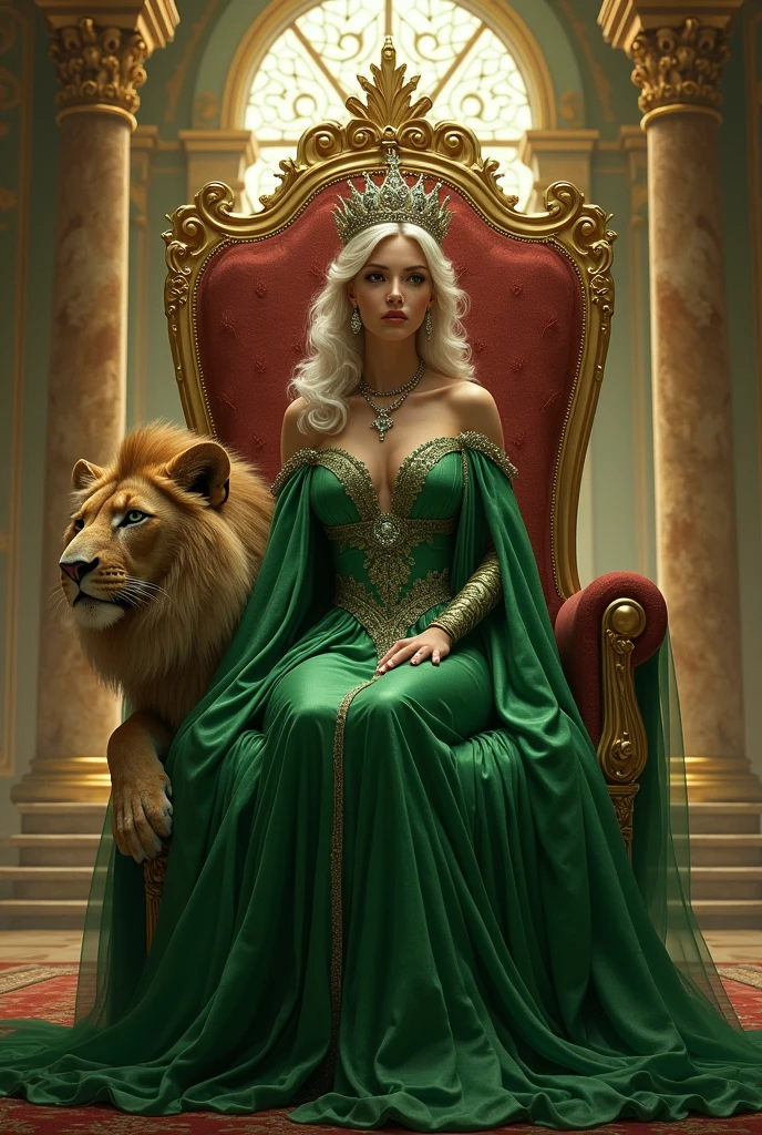 An emerald queen sits on her throne next to her lion