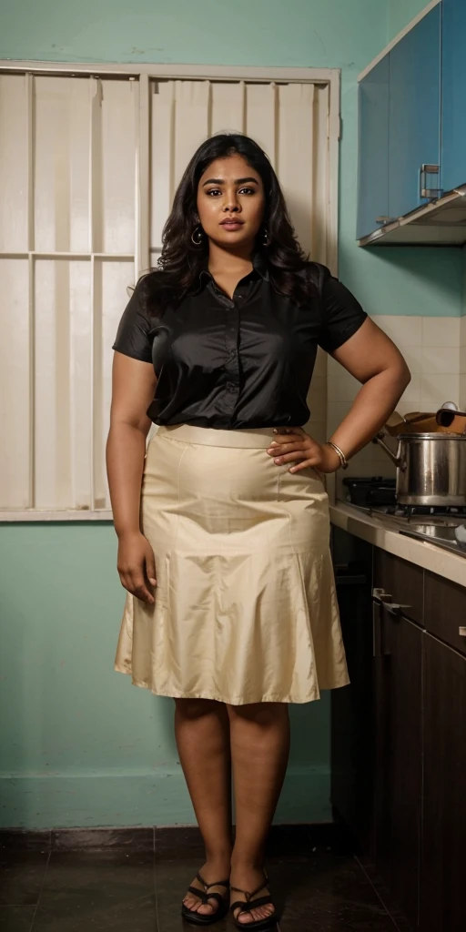 A 3 plus sized South Indian women wearing a cream colour silk short skirt and black colour shirt, standing in a kitchen