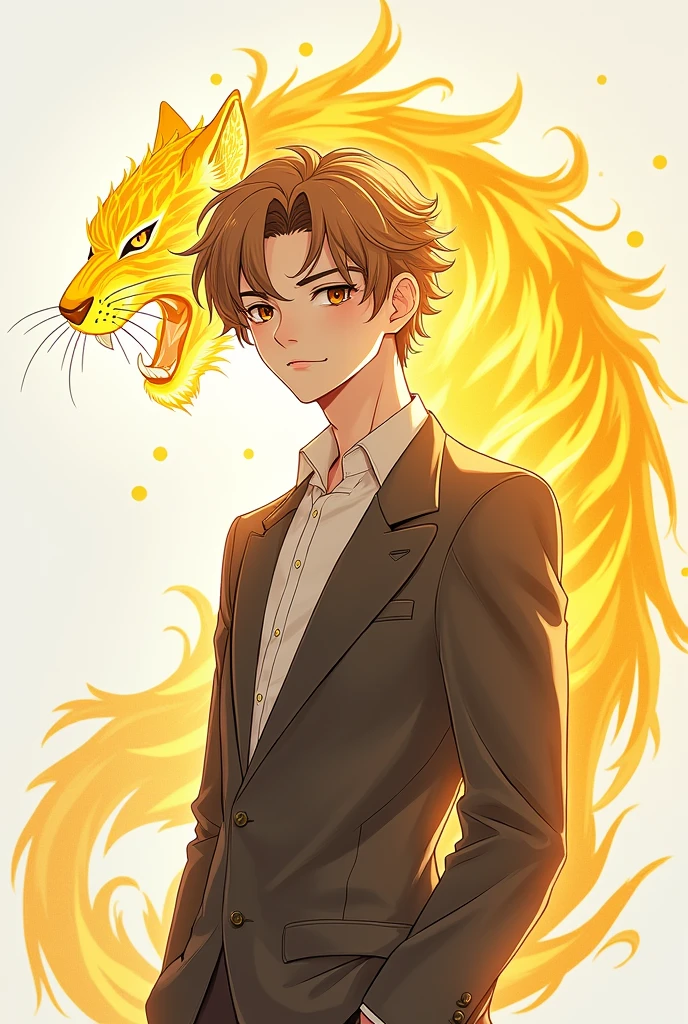 Manhwa style, A young man, Highschool student, maduro, high, elegant, arrogant, smiling, mischievous expression, hair combed to one side, White skin, light brown hair and eyes, eyes shining with curiosity, behind him a very subtle transparent magic aura simple transparent with the shape of a bright golden tiger as if it were an alter ego