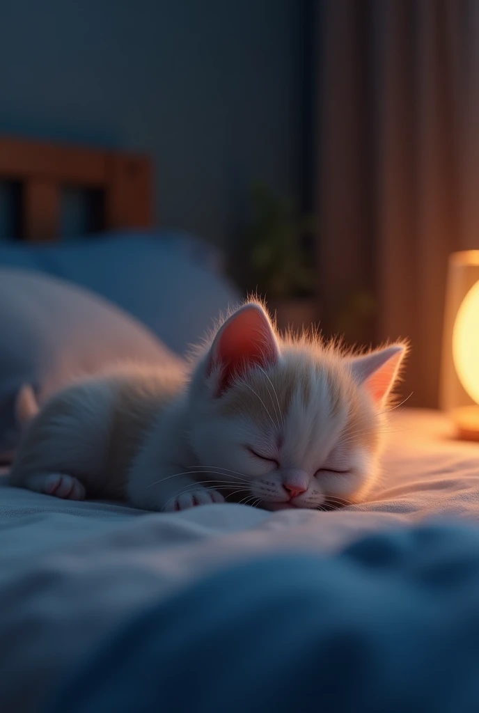 "A small kitten is lying on its stomach on a bed in a dimly lit room. The kitten looks tired, with closed eyes, as if it's exhausted and trying to relax. The atmosphere of the room is calm, with soft, muted tones, reflecting a sense of peace and quiet. The room is dimly lit, and there's a warm, gentle light coming from a small lamp nearby. The kitten is designed in a Pixar-like style, with large expressive eyes, even though they are closed. The overall scene should evoke a sense of coziness and
