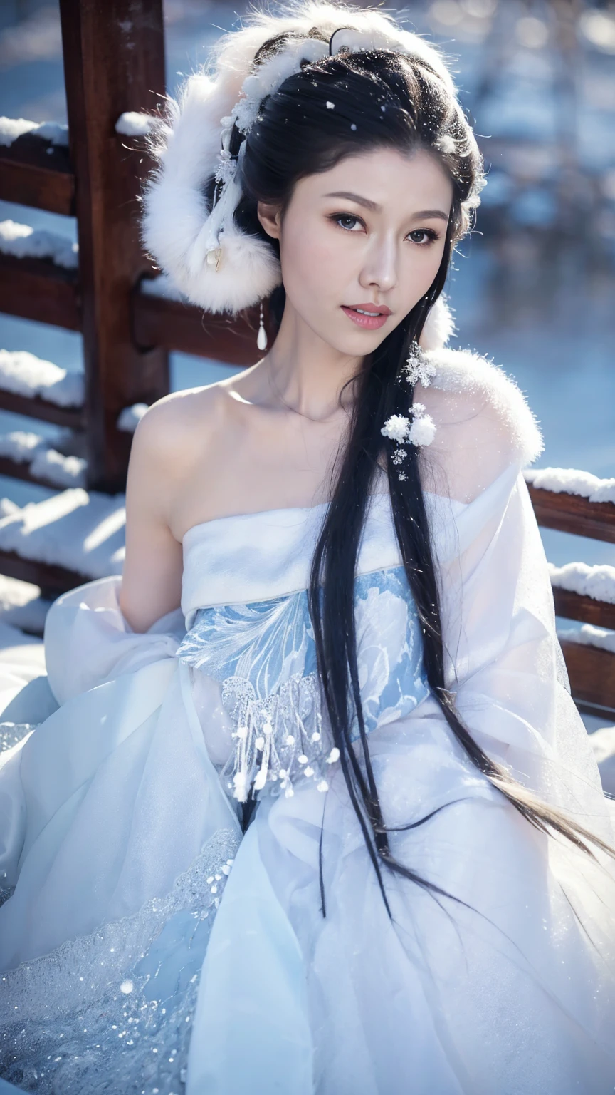 1 Fashion Model [[[[close up]]]], [[[[neck]]]], [[[[Shoulder]]]], (((Complete head)))，(((Complete hairstyle)))，Perfect eyes, Perfect Iris，Perfect lips，Perfect Teeth，Perfect skin，White skin，Soft headlights，High-density imaging，Black long hair，（Clean and delicate face），((White fur winter hanfu))，((Half-length photo))，((The background is a snowy scene))，((winter))，((Various dynamic poses))，((The background is a snowy scene))，best quality，masterpiece，（Soft colors：1.2）