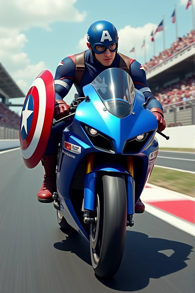 A captain America is riding blue hayabusa in a racing track