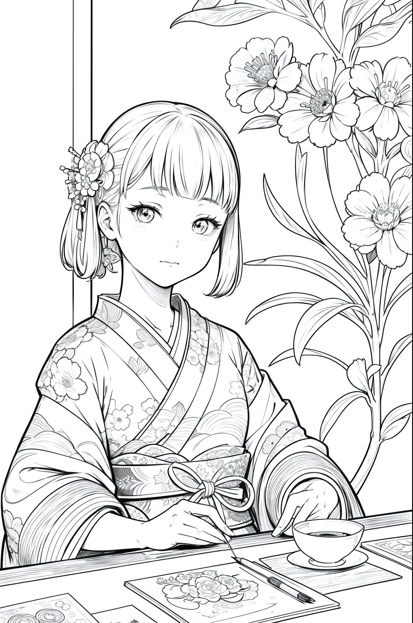 Masterpiece, top class, unique, cute, flowers, line drawing background, white background, monochrome, line drawing, ((sketch)), creepy, white eyes, create a monochrome coloring book that even adults can easily do, a realistic and cute ukiyo-e of a girl wearing a kimono making a collage with a tea room in the background where a hanging scroll can be seen, and a postcard placed on the table conveys Japanese culture.