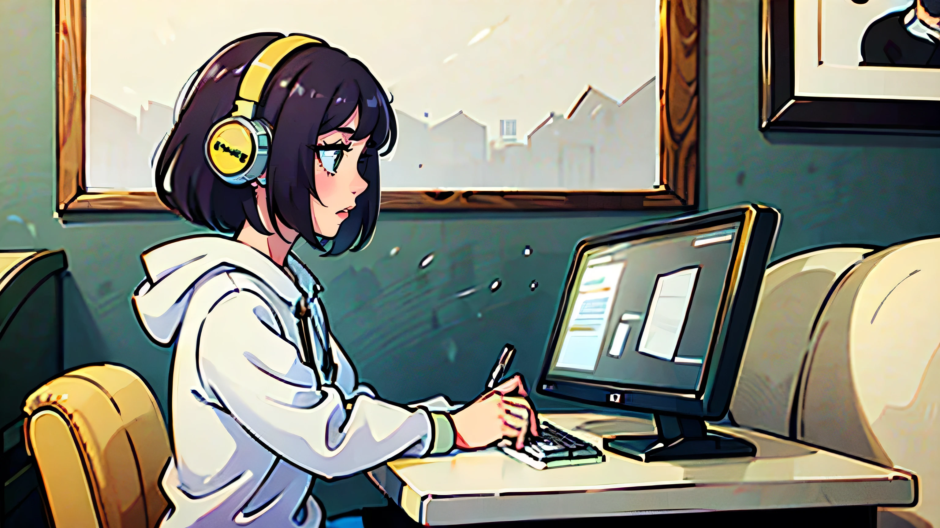 A girl studying with headphones, with a computer in a cafe