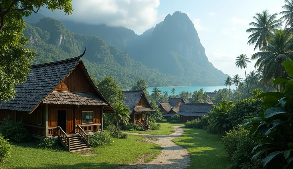 Village from Very ancient Ternate island, Maluku, Indonesia, there is no peoples, hyper realistic, masterpiece, best quality, ultra-detailed, UHD, 64K