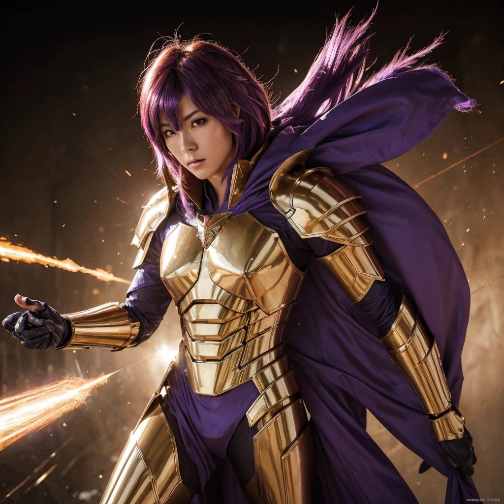 hyper realistic ultra detailed photograph , 8K, ultra-detailliert, masterpiece, top-quality, A high resolution, realistic skin textures, (fimale people:1.2), twinks, a beauty, Cool girls, long purple hair,With keen eyes, Bad eyes, armature, (Photorealsitic:1.4), hight resolution, Raw foto, One Girls, shinny skin, (detailedskin:1.2), realistic skin textures, The best lighting, brilliance, mecha-armored, dramatic lighting, Saint Seiya's Fighting Pose, (sangtuary background:1.3), use energy cosmo yellow, cosmos, Athena Armor, golden armour, (de pele branca), (long bluish-purple hair:1.1), He wears a long white cape that goes down to his feet., 2, Hair and cloak fluttering in the wind