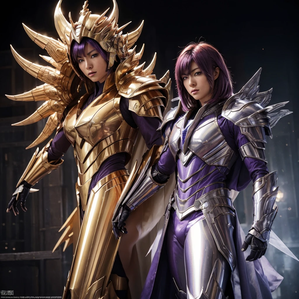 hyper realistic ultra detailed photograph , 8K, ultra-detailliert, ​masterpiece, top-quality, A high resolution, realistic skin textures, (fimale people:1.2), twinks, a beauty, Cool girls, long purple hair,With keen eyes, Bad eyes, armature, (Photorealsitic:1.4), hight resolution, Raw foto, One Girls, shinny skin, (detailedskin:1.2), realistic skin textures, The best lighting, brilliance, mecha-armored, dramatic  lighting, Saint Seiya's Fighting Pose, (sangtuary background:1.3), use energy cosmo yellow, cosmos, Athena Armor, golden armour, (de pele branca), (long bluish-purple hair:1.1), He wears a long white cape that goes down to his feet., 2, Hair and cloak fluttering in the wind
