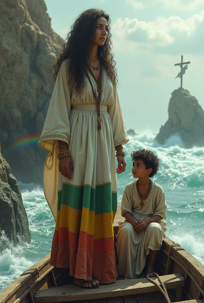 (photorealism:1.2), beautiful woman, standing on small ship on the red see with heavy storm, wearing an Ethiopian traditional woolen white dress, slightly dirty, having a strip of green, yellow and red colors at the bottom and top,long curly hair, outdoor , natural lighting, rocks in background, rain bow and an Angeles shown from far with tall cross, she and her son has cross necklace,
her son sitting next to her fearful, by Greg Rutkowski, by Alphonse Mucha
