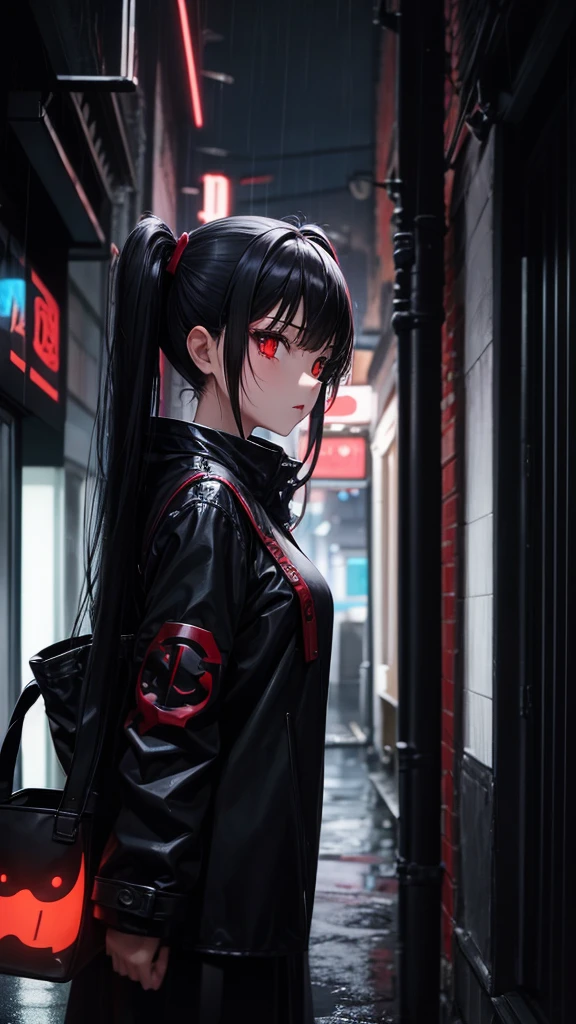 One girl, Red eyes, High-resolution model, Twin tails, Black Hair, Rainy night,Alley,An evil look,Black Mask,