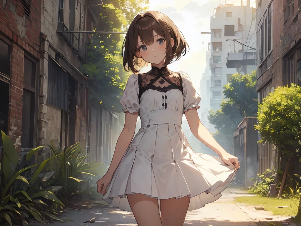 (masterpiece:1.2), best quality, highres, original, (extremely detailed:1.2), ultra-detailed, wallpaper, perfect lighting,(extremely detailed CG:1.2), 8k, anime illustration, 1boy, solo, crossdressing, (brown hair, Bob hairstyle,haircut:1.1), (white knee-length dress, summer dress, pleated dress, short sleeves, lace hemline, black line bottom the dress, delicate dress, flat chest:1.2), walking in urban ruins, (urban ruins filled with natural vibes:1.2), (anatomically correct:1.5), full body, (cityscape background:0.8), overgrown plants, crumbling buildings, sunlight filtering through trees, peaceful expression, sunny