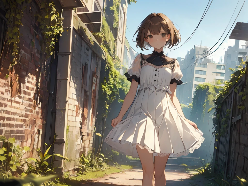(masterpiece:1.2), best quality, highres, original, (extremely detailed:1.2), ultra-detailed, wallpaper, perfect lighting,(extremely detailed CG:1.2), 8k, anime illustration, 1boy, solo, crossdressing, (brown hair, Bob hairstyle,haircut:1.1), (white knee-length dress, summer dress, pleated dress, short sleeves, lace hemline, black line bottom the dress, delicate dress, flat chest:1.2), walking in urban ruins, (urban ruins filled with natural vibes:1.2), (anatomically correct:1.5), full body, (cityscape background:0.8), overgrown plants, crumbling buildings, sunlight filtering through trees, peaceful expression, sunny