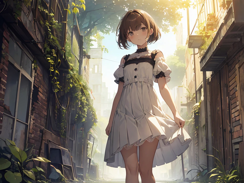 (masterpiece:1.2), best quality, highres, original, (extremely detailed:1.2), ultra-detailed, wallpaper, perfect lighting,(extremely detailed CG:1.2), 8k, anime illustration, 1boy, solo, crossdressing, (brown hair, Bob hairstyle,haircut:1.1), (white knee-length dress, summer dress, pleated dress, short sleeves, lace hemline, black line bottom the dress, delicate dress, flat chest:1.2), walking in urban ruins, (urban ruins filled with natural vibes:1.2), (anatomically correct:1.5), full body, (cityscape background:0.8), overgrown plants, crumbling buildings, sunlight filtering through trees, peaceful expression, sunny
