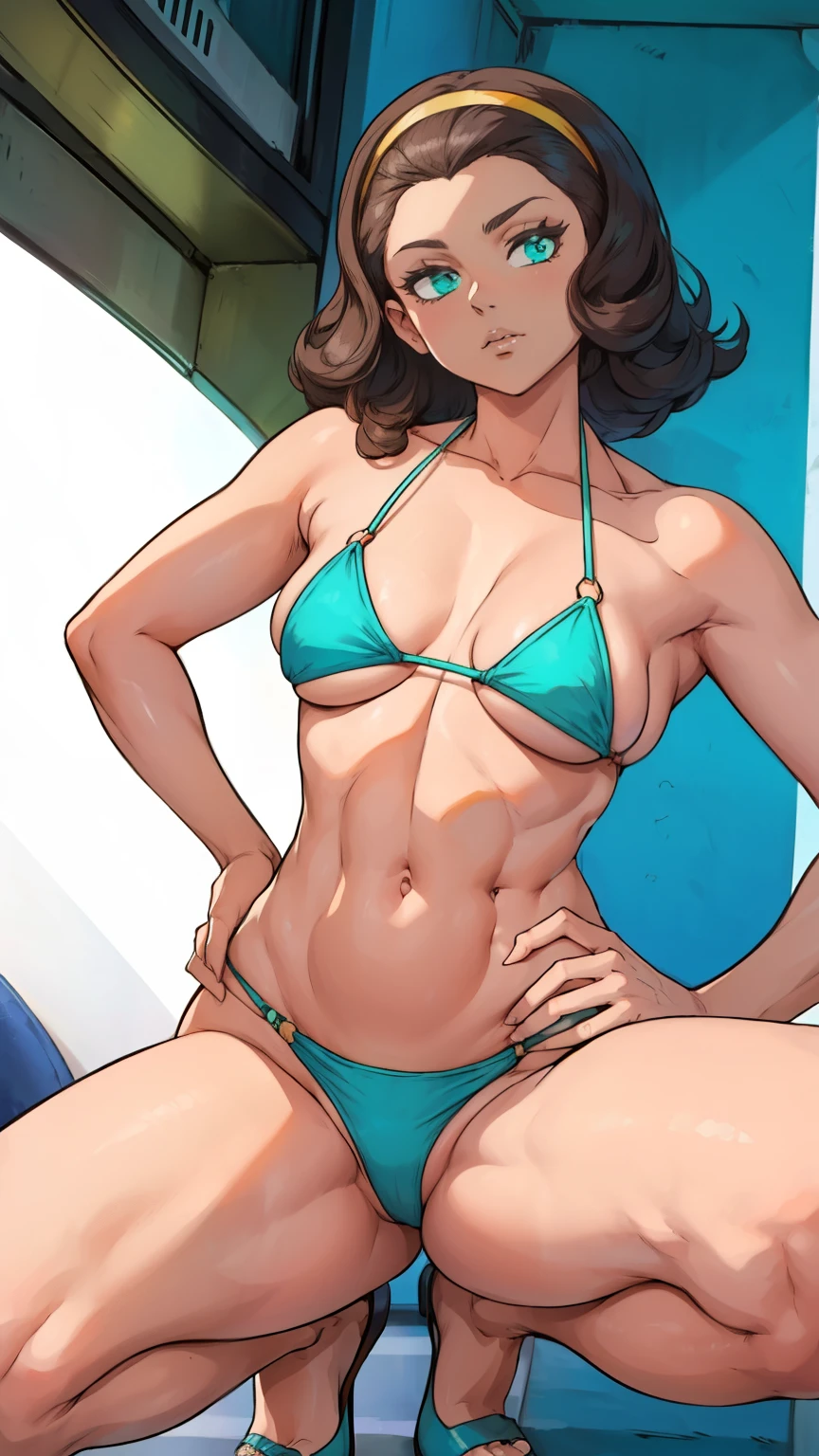 (masterpiece, best quality:1.2),photoreal,((perfect anatomy)),(muscular:-1.0),((solo:1.5)), ((alone:1.5)),((1 middle age woman:1.5)),perfect eyes,((looking at viewer:1.4)),((horizontal angle)),((straight-on:1.4)),((view from front:1.4)),shooting from front,lighting from front,(aged sagging breasts),((small breasts:1.5)),((do not hide your crotch:1.4)),((cod lips)),((squatting:1.3)),((spreading your legs wide:1.3)),((hands on hip bone:1.4)),(holding your head high),delicate and beautiful,((detailed hair)),swept back hair,(bare legs:1.4)),((bare arms)),BREAK ((turquoise bikini:1.2)),high heel,hairband