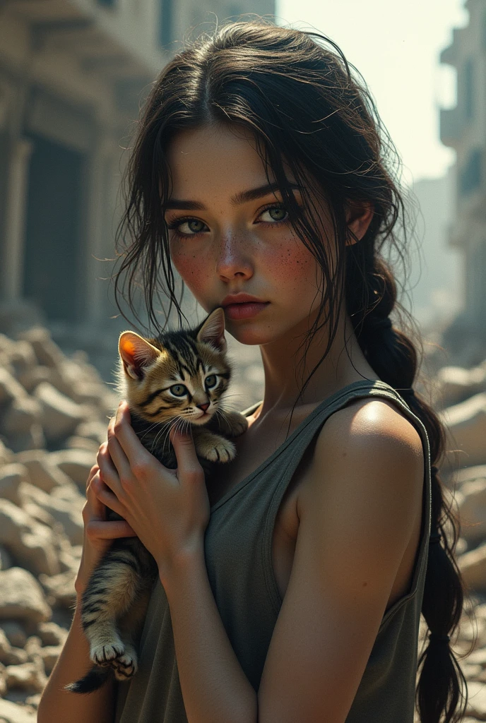 (photorealism:1.2), beautiful girl,  girl, half body, holds a kitten, fdirt on the face, bloody face, war, destroyed buildings in background, realistic, intricate details, realistic photo