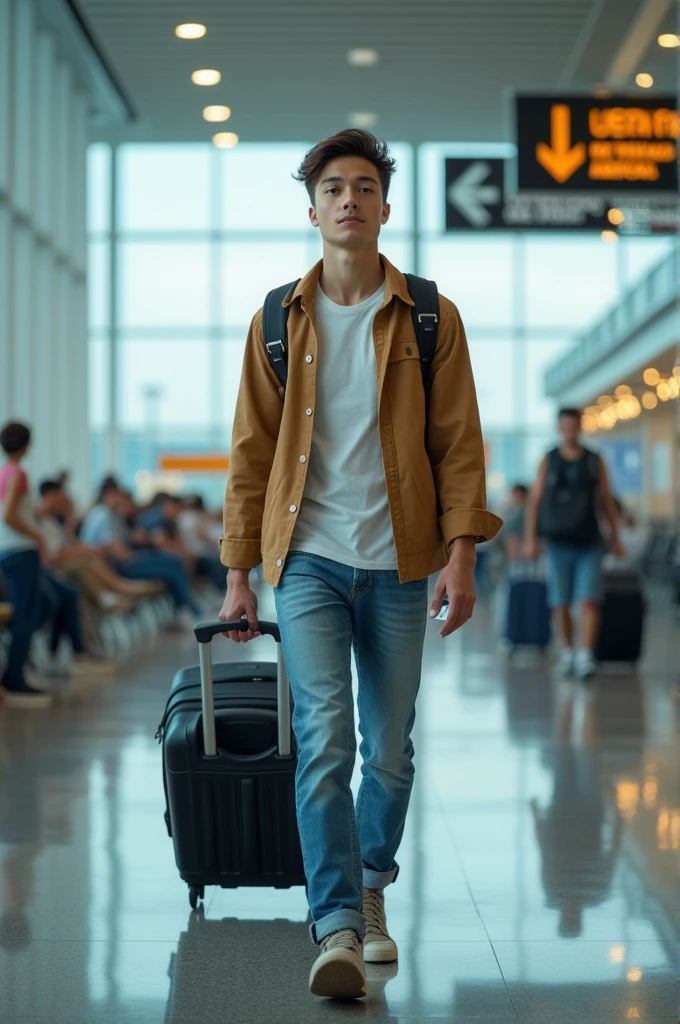 A young guy traveling airport close picture in casual clothes