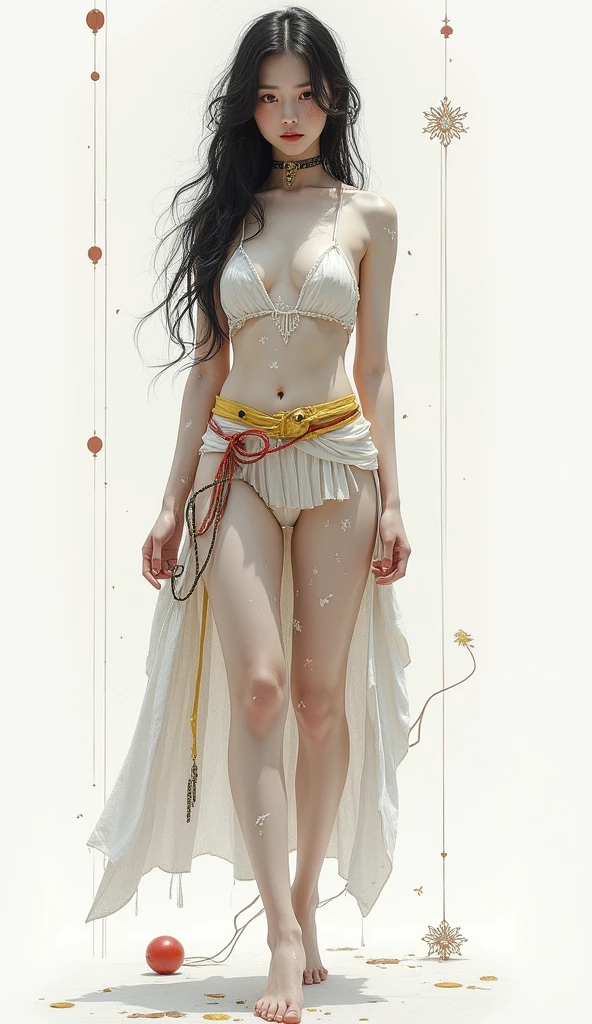 NUDE:1.2，Traction collar:1.3，Leash:1.3，protrait photo，Full body image，For the audience，Shred clothes，Fragments of clothing，A beautiful Chinese girl,sketch,Minimalism,pencil drawing,clear lines,(double exposure:1.4),exquisite decorations,Kuindzhi,(upper thigh shooting:1.3),full body shooting,low angle shooting,(tattoo:1.3),Tyndall effect,soft focus,4K,hdr,[hdr:0.9],acidic graphics,plant 1 girl,fantasy artwork,[detailed energetic face:0.33],[coat dress:0.15],[K-pop:0.417],[hip:0.4],masterpiece,(garbage polka tattoo:1.4),(translucent luminous body:1.5),minimalist design,outline and beautiful woman and a luminous,shadow world masterpiece,intricate artwork,((white background 1.5)),(sling:0.6),red pibo,white with yellow chest pleated skirt,yellow waistband,，Devil figure，slim，Front convex and back curved，Perfect body，Very detailed details of the face，Clear facial features，Fair and delicate skin，long legs,Avoid changing the facial features of the reference image,Perfect facial features，Very detailed details of the face，Glowing eyes，Mid-chest，Cleavage，clavicle，Light arm，bare legs，Black over the knee，Perfect body proportions，Long legs，Devil figure，Real skin texture，Glowing translucent skin，Real skin pores，Perfect hands，Perfect hands臂，Perfect hands指，Perfect legs，Perfect feet，Perfect feet趾，Covered in sweat，Devil figure，slim，Front convex and back curved，Perfect body，的Very detailed details of the face，Clear facial features，Fair and delicate skin，long legs,Avoid changing the facial features of the reference image,Perfect facial features，Very detailed details of the face，Glowing eyes，Big breasts，Cleavage，clavicle，Light arm，bare legs，Black over the knee，Perfect body proportions，Long legs，Devil figure，Real skin texture，Glowing translucent skin，Real skin pores，Perfect hands，Perfect hands臂，Perfect hands指，Perfect legs，Perfect feet，Perfect feet趾，
