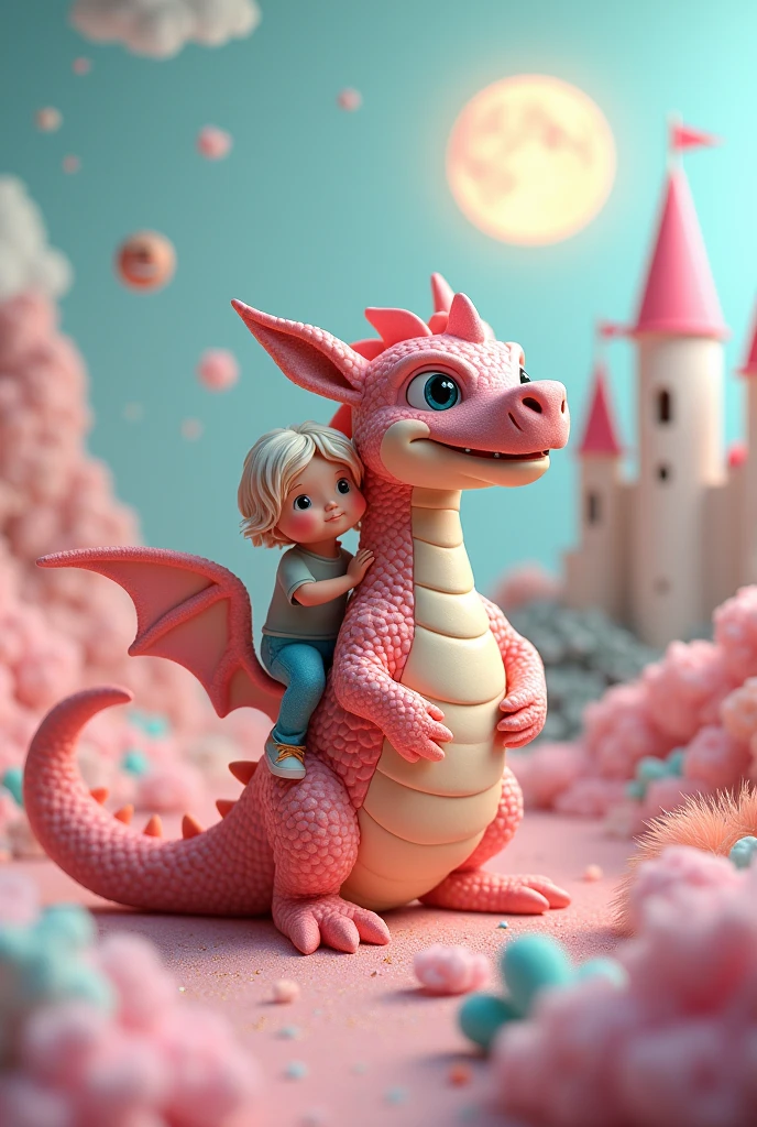 3D drawing art, fantasy world, fluffy, random color, pastel colors, made of (cotton candy, cookies, biscuits, chocolate), Greek mythology, Dragon carrying a child on its back, castle, smiling sun, iridescent glitter effects, fusion of acrylic and collage paintings, high and fine artwork
