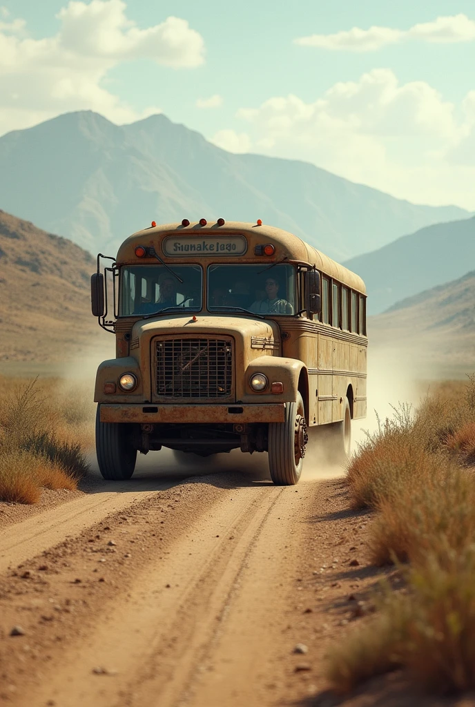 A dusty bus moving through a rural landscape