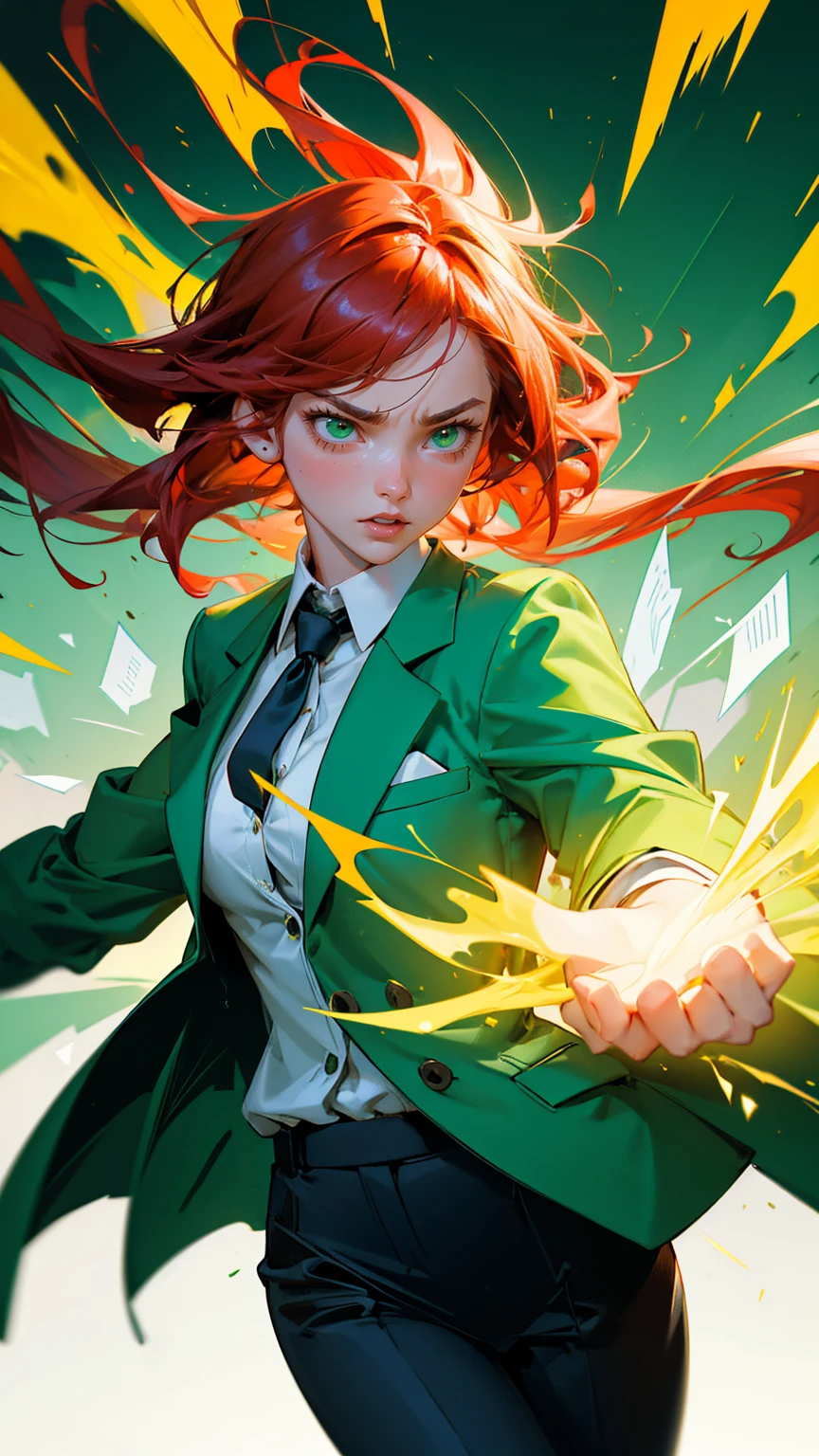 A beautiful, cute girl with a determined and intense expression, wearing stylish business attire — a green blazer, a white blouse, and a black tie. She is standing with both fists clenched in a powerful pose, looking upward with a fierce roar of frustration or triumph. The background is filled with dynamic green hues, splashes of paint, and abstract financial chart lines in bright reds and yellows, conveying a sense of volatility and energy in the stock market. The character is fully visible in a zoomed-out view, with her hair flowing wildly, surrounded by vibrant green color splashes and geometric shapes, emphasizing her intense focus and emotion