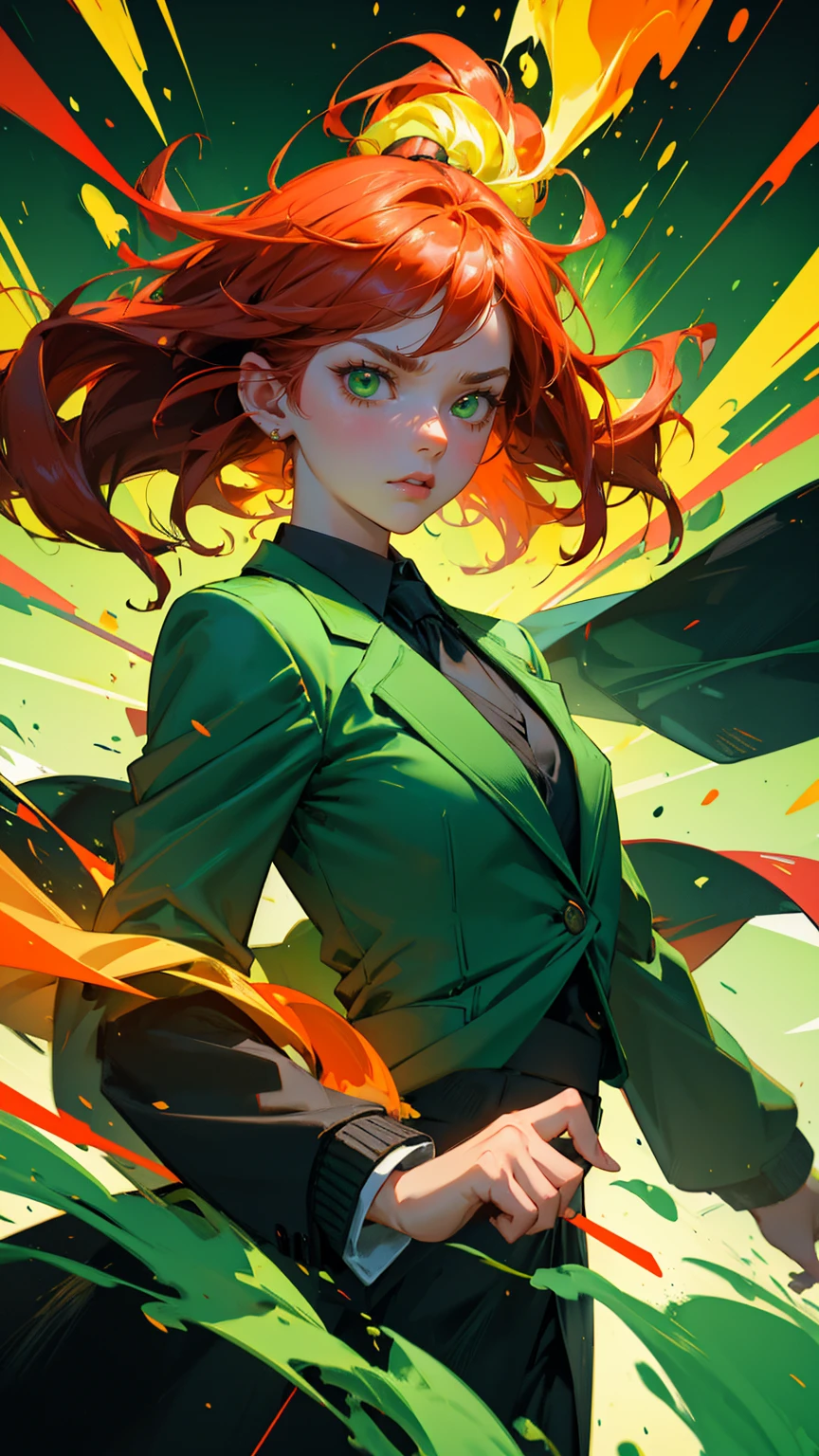 A beautiful, cute girl with a determined and intense expression, wearing stylish business attire — a green blazer, a white blouse, and a black tie. She is standing with both fists clenched in a powerful pose, looking upward with a fierce roar of frustration or triumph. The background is filled with dynamic green hues, splashes of paint, and abstract financial chart lines in bright reds and yellows, conveying a sense of volatility and energy in the stock market. The character is fully visible in a zoomed-out view, with her hair flowing wildly, surrounded by vibrant green color splashes and geometric shapes, emphasizing her intense focus and emotion