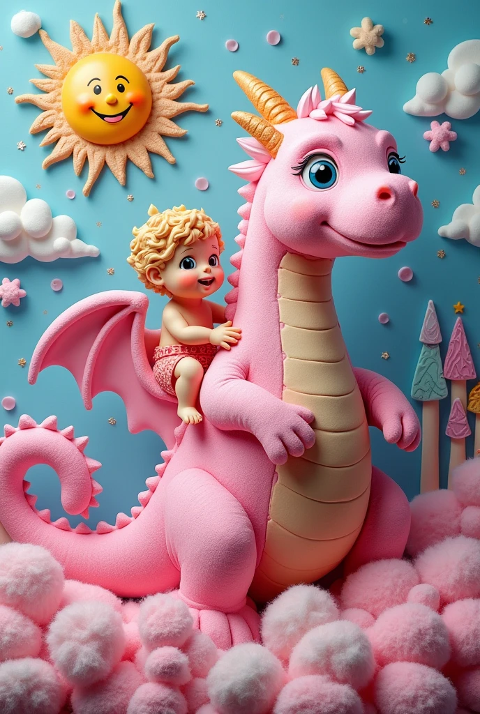 3D drawing art, fantasy world, fluffy, random color, pastel colors, made of (cotton candy, cookies, biscuits, chocolate), Greek mythology, Dragon carrying a child on its back, castle, smiling sun, iridescent glitter effects, fusion of acrylic and collage paintings, high and fine artwork