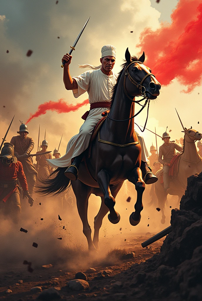 Create an illustration of a historical battle scene featuring Prince Diponegoro, a key figure in the Indonesian struggle against colonial forces. Prince Diponegoro should be depicted in a white traditional outfit, holding a kris (dagger) and riding a horse. He is leading his troops in a fierce confrontation against colonial soldiers, with a dramatic and dynamic atmosphere highlighting the intensity of the battle. The prince wears a turban on his head and a blood red war aura. Gambar sedang galam lokasi pertemouran, tambahkanadegan tertembak dan lain lain yg menggambarkan pertarungan sengit, pasukan pangeran diponegoro adalah rakyat biasa melawan kolonial, buat kudanya melompat dan bentuk gambar landscape. Buat pangeram diponegoro menggunakan sorban warna putih, tambahkan ekspresi kesulitan dan menggunakan keris senjata tradisonal indonesia