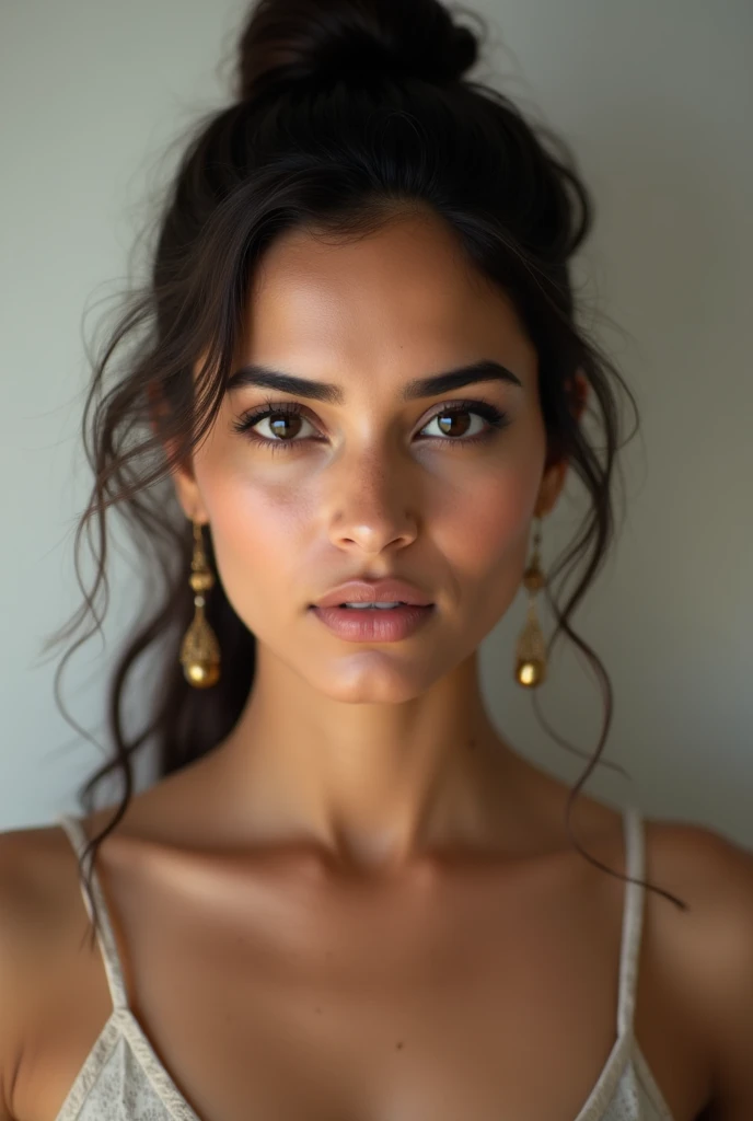 There is a young, Beautiful indian woman, who looks to the future like Katrina Kaif, she stands there and looks into the camera, a portrait from raw photo, front off, looking in the camera