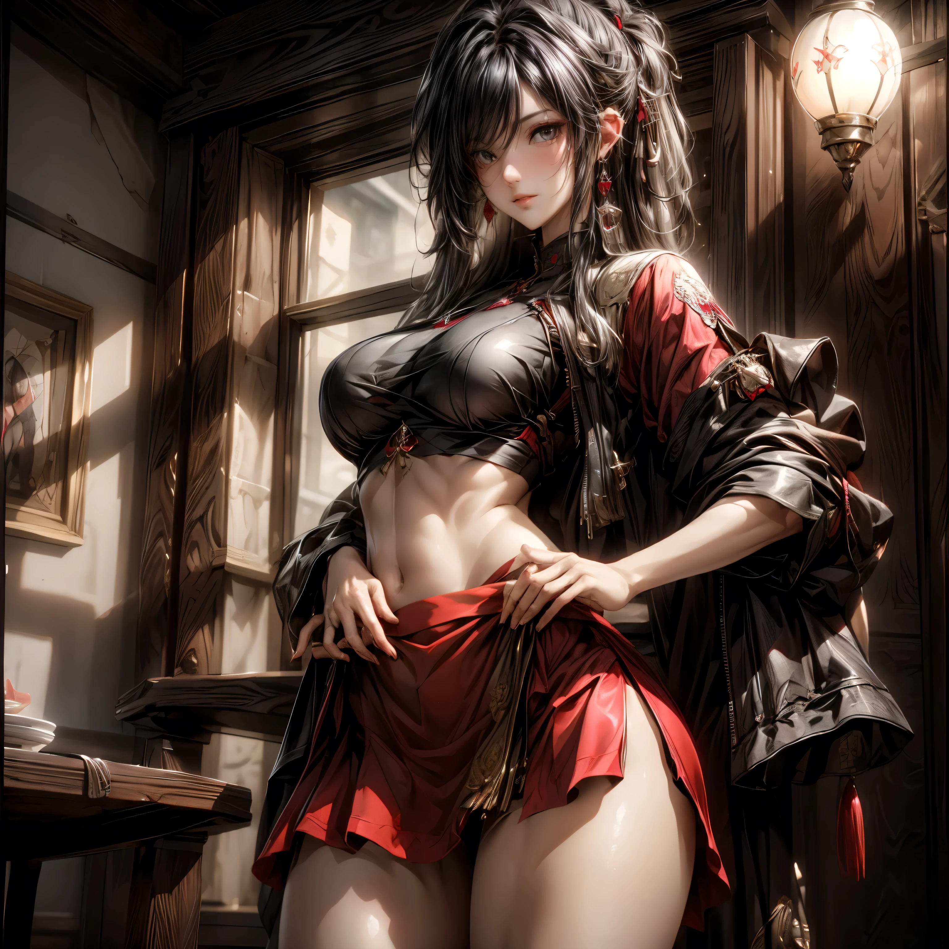 (best quality)), ((Masterpiece)), (details:1.4), 3d, HDR (high dynamic range), an image of a beautiful cyberpunk female, Cyberpunk, Black hair, Curtain Bangs, Hips up, Beautiful White eyes, จมูกโด่ง, ปากแดง, หน้าอกใหญ่, nvidia RTX, PBR surface, After processing, Anisotropic filtration,depth of field, Maximum clarity and clarity, multi-layered surface, Subsurface scattering, perfect proportions, 8K raw files, ultra detailed, Perfect proportions, volumetric lighting, soft lighting, Holy Paldin, Heavy Golden Armor, Red dress, intricate Silver embroidery, glossy skin, Bed room Background, jewely, ต่างหู, นิ้วมือสมบูรณ์, mini Red skirt,