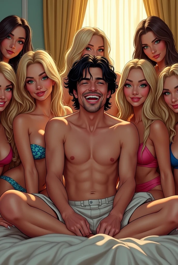 (((best quality))), muito detalhado, High resolution, 1 thin male, white boy 20 years old with medium length black hair, shaved, lachend, 7 female, blondie hair and Latinas, clear green eyes, fleshy lips, heavy make-up, beautiful blonde with huge breasts, who wears a bodysuit ((dug very deep)) ,a one-piece sling spandex swimsuit, Luciana Vendramini'Dude, Hourglass body, super realistic, im Bett, luxury hotel, comic