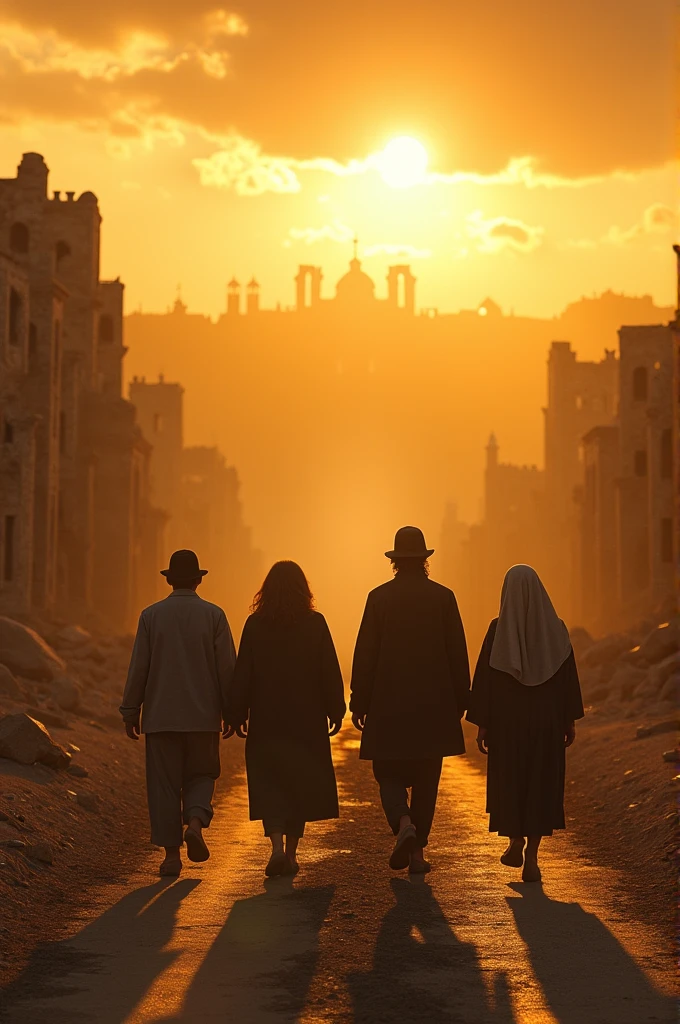 Jewish families walking, golden sky illuminating the road to destroyed Jerusalem, epic 8K visuals.