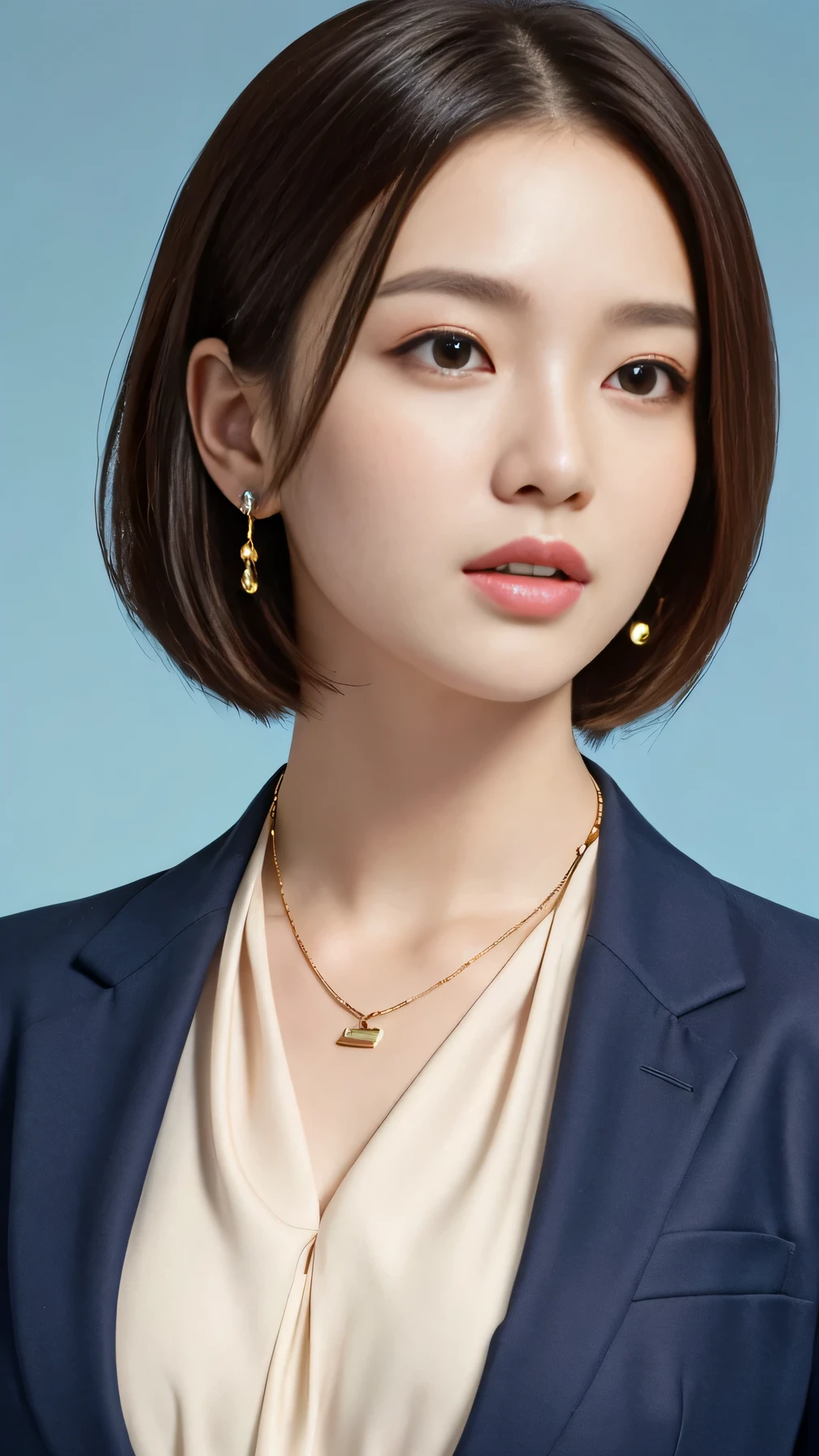 High resolution, Very detailed, Intricate details, 、ear piercing、Expressionless、short hair、Black Hair、Please open your mouth a little、Clear beauty,(High quality fabric, Office Lady Suits 、Necklace around the neck、, The background is the office

