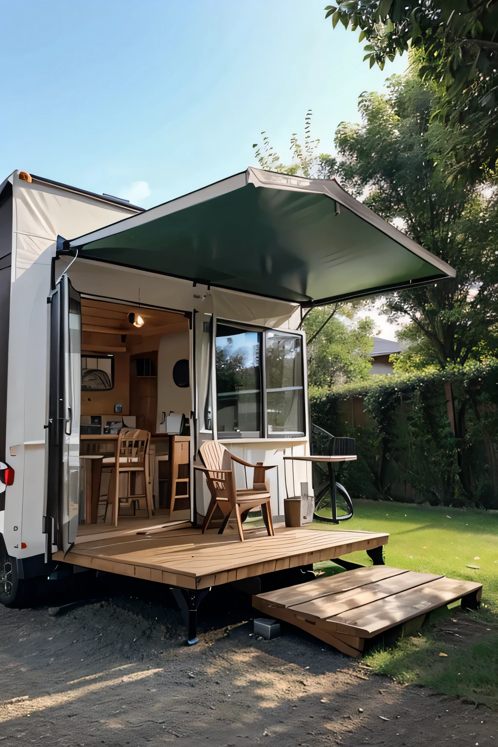 A cozy terrace attached to a mobile hom