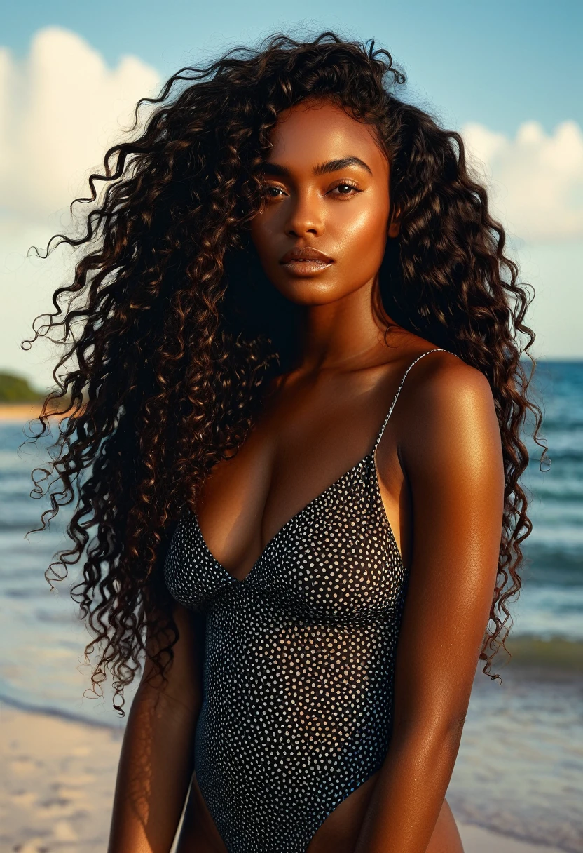 there is a black woman , the woman has, she has dark skin, with dark brownish skin, with long curly, long black loose moisturised curly hair she is at the 🏝️ beach