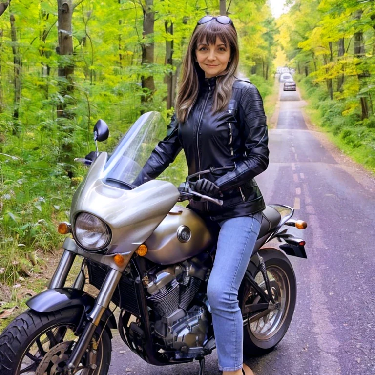 woman 50 years old, stands at full height on a forest road, (Full length photo:1.1), ((Biker clothing:1.1)), realistic face, high quality, HD, 4k quality, (Black high heels1.1), brown shoulder-length hair, lush bangs, thin eyebrows, slight smile, dimples, looks at the camera, realistic photo, Bright sun, (Ultra HD quality), photo at a distance of 20 meters.