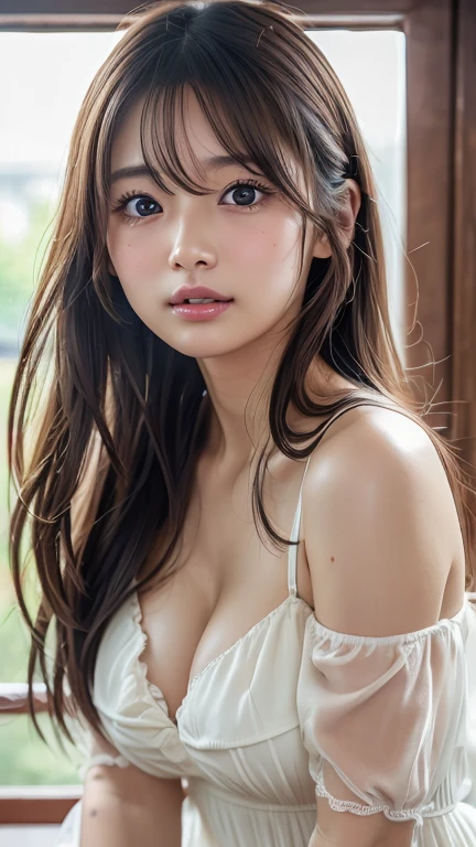 (8k, Photorealistic, RAW Photos, Best image quality: 1.4), Japanese girl、Super detailed face、Eye on the details、double eyelid、Sharp focus:1.2、Beautiful woman:1.4、Light brown hair、Highest quality、masterpiece、Ultra-high resolution、(Photorealistic:1.4)、Highly detailed and professionally lit smiles、(dress:1.5)、blush、Watery eye、amount、erect nipples、slouch、Cleavage、Small breasts、Messy Hair