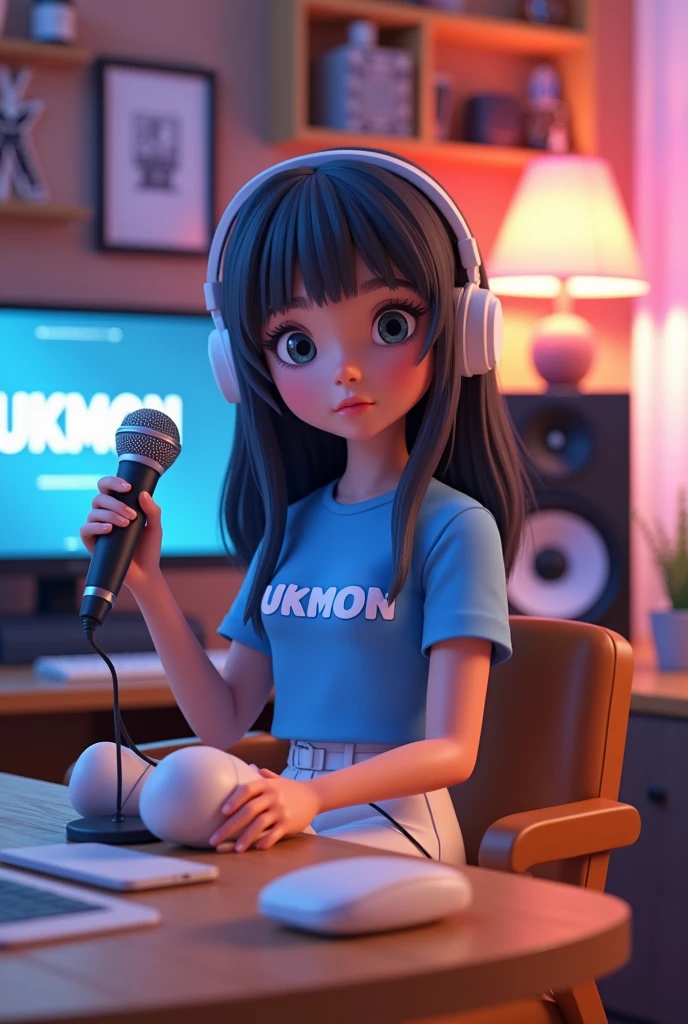 create a 3d Anime character and she was sitting in the table his room was UK theme studio and she have a mic wear a blue tshirt with white UKMON written on it and white trouser and her position was straight and background light was blue and pink and aspect ratio is 16:9 for Youtube