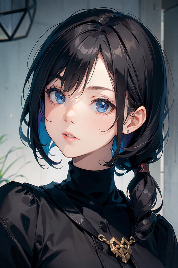 (head of'artwork, best quality, ultra haute résolution),1 fille, promote, dark brown skin, blue eye, blond hair, tetas grandes, thick thighs, Himekat, veste de bureau noire, chemise blanche, skirt, beautiful and detailed face, delicate eyes, detailed nose, Cyberpunk city at night with fog and neon lights