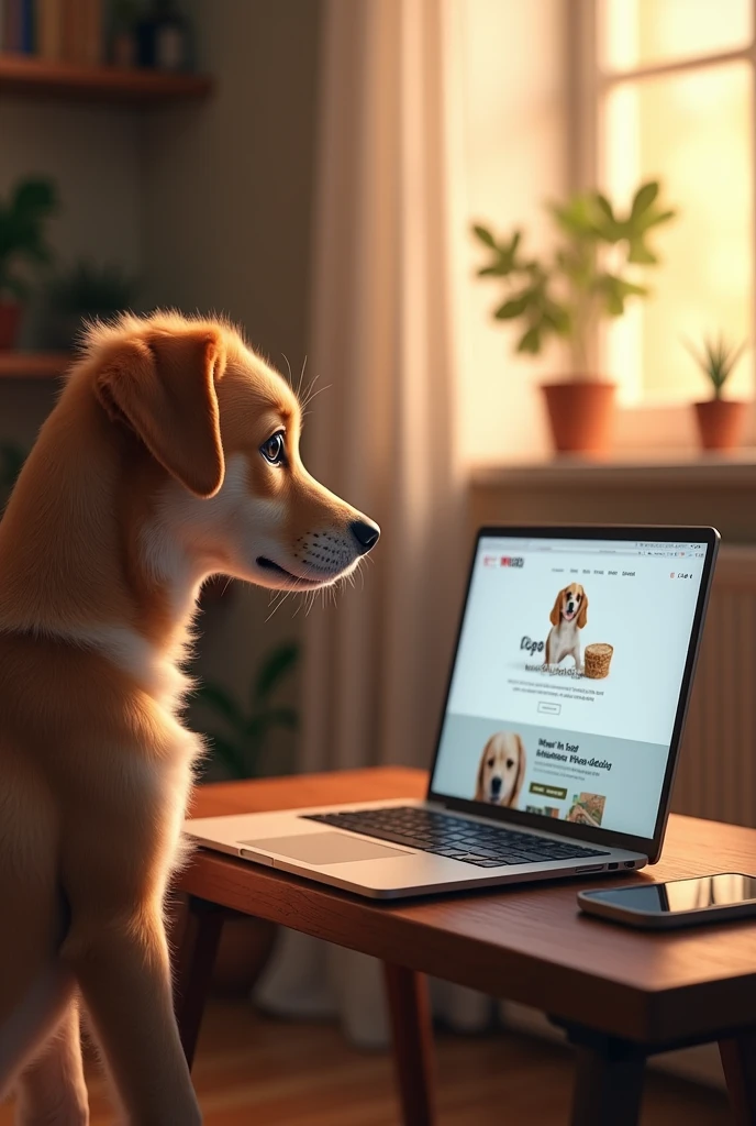 A pet dog watching her pet store website on laptop. the pet store link is https://store2314.storegro.net/, show this in store display