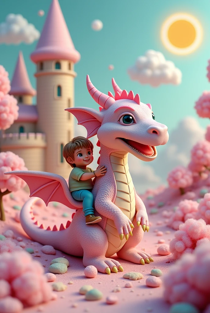 3D drawing art, fantasy world, fluffy, random color, pastel colors, made of (cotton candy, cookies, biscuits, chocolate), Greek mythology, Dragon carrying a child on its back, castle, smiling sun, iridescent glitter effects, fusion of acrylic and collage paintings, high and fine artwork