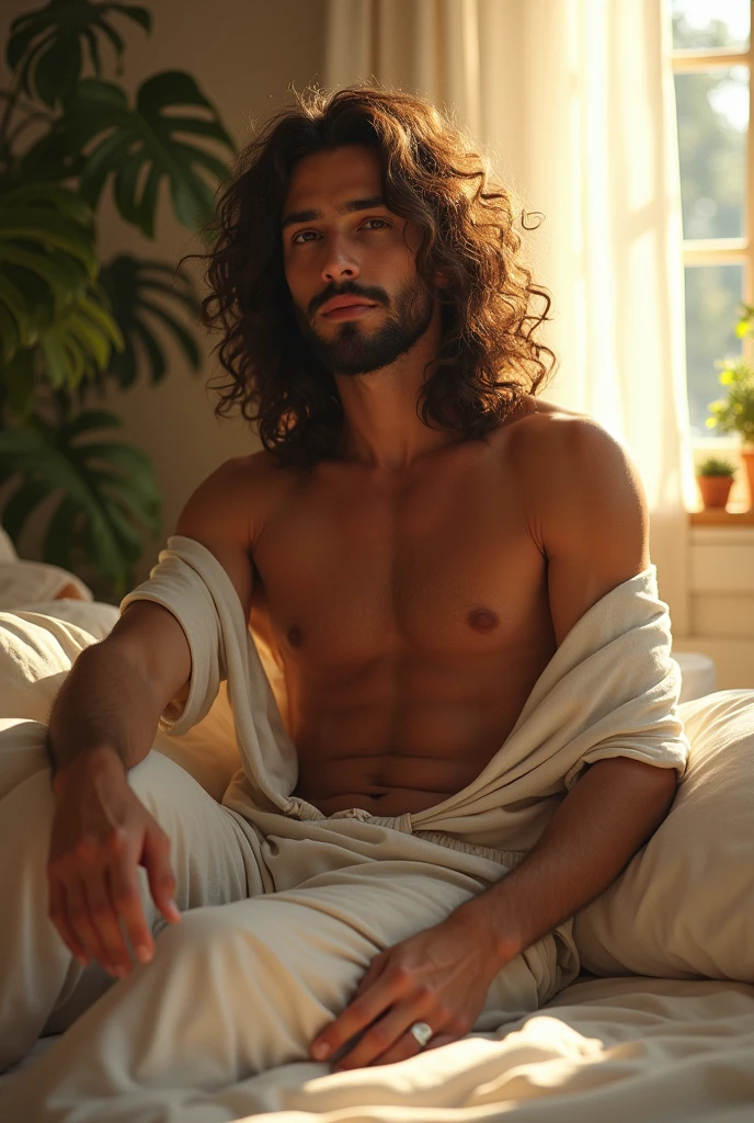 (photorealism:1.2), beautiful man, sitting on bed, wearing loose off-shoulder top, pajama pants, long curly hair, indoors, soft lighting, plants in background, window with sunlight, cozy room, relaxed pose, realistic, intricate details, warm colors, by Greg Rutkowski, by Alphonse Mucha