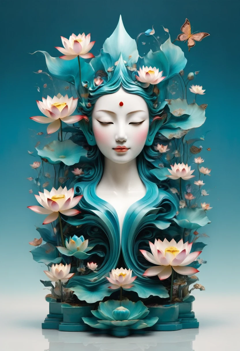 Imagine a tranquil scene inspired by Buddhist philosophy，A vibrant lotus flower stands against a background of intense turquoise tones。The lotus symbolizes purity and enlightenment，Complex petals bloom，exudes a sense of tranquility。As you gaze deeper into the image，You will notice an arrangement similar to a mandala，The constellations are arranged elegantly。A fusion of Buddhist symbolism with astrological elements，consistency，Induce contemplation and a timeless sense of connection。(The sculpture is surrealist and realist: 1.5), (Kaneko，Blue and white porcelain mask)， (metal wings: 1.2), (Fox futuristic mask: 1.2), (Internet pop kawaii fractal art: 1.6), (Tobias Gramler (Tobias Gramler) Art style，smooth shapes: 1.6), (Organic geometric mixture: 1.6),ultra high resolution: 1.4),(particle effect: 1.4), (depth of field: 1.4), (geometric-dotist abstraction: 1.6), (generative fluid fractal algorithm: 1.6).