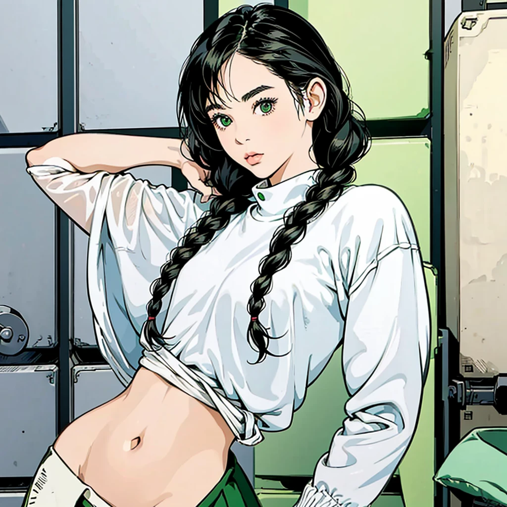 A girl with black hair in braids, green eyes, thin lips, round face, small flat breasts, thick hips, lolita style, 1, wearing a private physical education uniform, inside the locker room,boobs