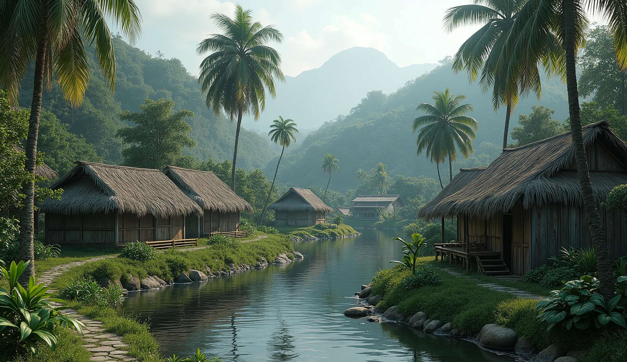 Village from ancient Ternate island, Maluku, Indonesia, there is no peoples, hyper realistic, masterpiece, best quality, ultra-detailed, UHD, 64K