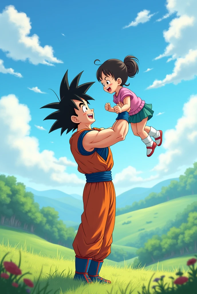 Draw Gohan from Dragon Ball anime playing with his daughter Pan and they are having fun