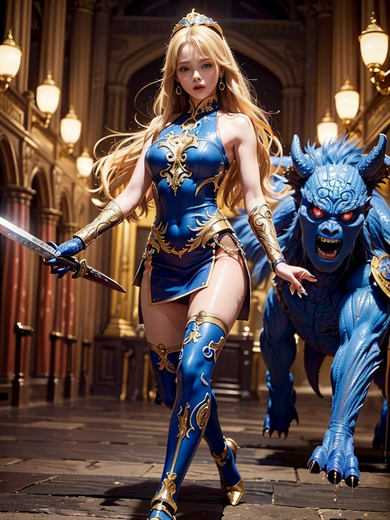 (((masterpiece, best quality))),(((high quality))),(((high resolution illustration))),(((hyper detail))),NSFW,(((Wordsworth's Sharon))),(((Very beautiful long blonde hair))),(((Very beautiful face))), ((((Detailed face)))),(((very beautiful blue eyes))),(((Realistic Skin))),(((her face is flushed))),(((slim body))),(((slim thighs))),(((small breasts))),(((very beautiful slender legs))),(((deep red and gold armored dress armor with extremely detailed and intricate decoration:1.5))),(((purple side-tie panties with extremely detailed and intricate decoration:1.5))),(((beautiful earrings))),(((beautiful hair ornaments))),(((Late at night in the great hall of a luxurious medieval castle:1.4))),(((late at night:1.4))),(((wet her skin))),((Sharon is crying with tears streaming down her face:1.4))),,(((Her right hand is holding a sword:1.2))),(((Sharon is running away from many monsters:1.2))),(((Sharon is being chased by many monsters:1.5))),(((torn clothes:1.7)))